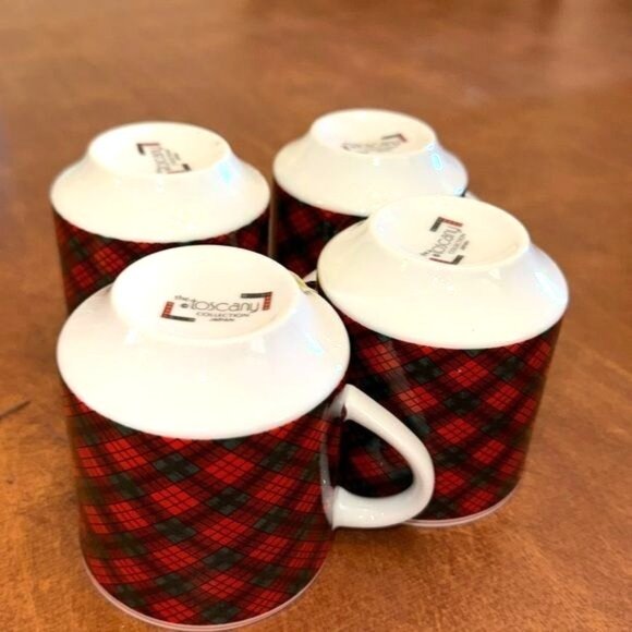 Set Of 4 Toscany Plaid Mugs Red & Black Ceramic 3" Tall Japan - Picture 2 of 5